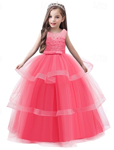  فستان حاملات الأزهار للفتيات الزي الرسمي ملابس الزفاف مناسب للحفلات زفاف رسمي بديع رسمي أميرة بقع شبكة لون الصلبة بدون كم رقبة العمل أزرق وردي بلاشيهغ 4 سنوات +