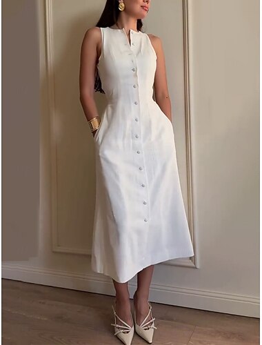  Femmes Robe Midi Robe Blanche Robe de remise des diplômes Robe Décontractée Élégant Mode Moderne Extérieur Vacances Sortir Coupe régulière Uni Sans manches Col ras du cou Noir Blanche Marron Bleu de