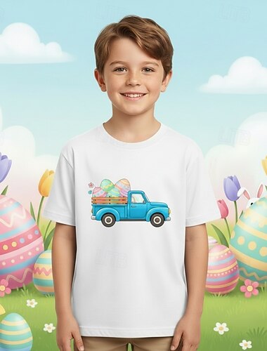  100% katoen Pasen Kinderen Jongens blauw Zwart Wit Grafisch Automatisch T-shirt Blouse Strakke ronde hals Korte mouw Dagelijks Buiten Pasen Modieus Streetwear Ontwerper Opdrukken Zomer Lente