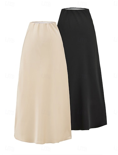  Damen Satinröcke Elegant Vintage Mode Lässig Midi Hohe Taille Röcke Einfach Gerafft Patchwork Unelastisch Täglich Büro / Karriere Schwarz Knackmandel Sommer Satin Polyester