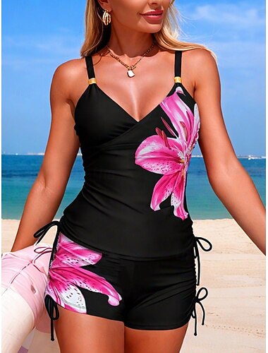  Per donna Costumi da bagno Tankini Due pezzi Shorts Costume da bagno Snello Senza schiena Vacanza Abbigliamento da Spiaggia Floreale Scollo a V Senza Maniche Costumi da bagno