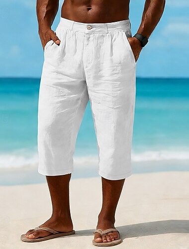  Herren Leinenhosen Caprihose Sommerhose Tasche Elastischer Bund Einfach Komfort Atmungsaktiv Wadenlang Täglich Outdoor Strand Urlaub Mode Blau Cachi scuro Mikroelastisch