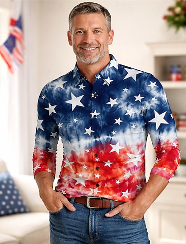  250e anniversaire des États-Unis Rétro Vintage Années 1970 Chemise Chemise Aloha Manches longues Hippie Géométrique Ethnique Déguisement Homme Mascarade 4 Juillet Soirée Jour de l'indépendance Adulte