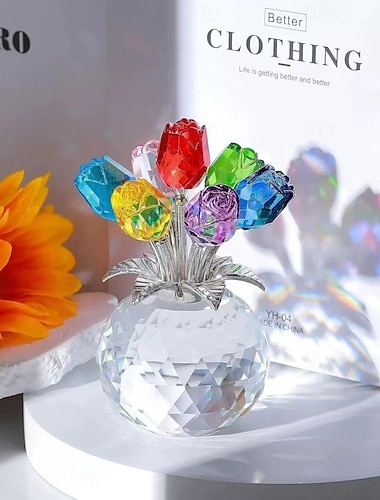  Figurine de collection en cristal, rose colorée, avec vase, ornement décoratif en verre, cadeau romantique pour la Saint-Valentin, un anniversaire de mariage (qixi), décoration pour le salon