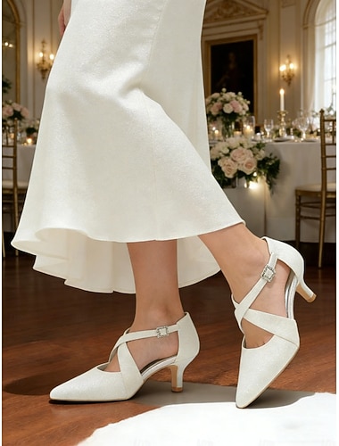  Bílé třpytivé boty na nízkém podpatku pro družičky – špičatá špička s kříženým páskem a páskem na kotníku, třpytivé společenské boty na nízkém podpatku pro svatební hostinu, obřad, hostinu, maturitní ples a formální události