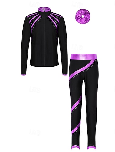  Eiskunstlaufjacke mit Hose, Damen- und Mädchen-Eiskunstlaufhose/Leggings-Outfit, schwarz, blau, fuchsia, Fleece, Spandex, dehnbar, Trainings-, Übungs-, Wettkampf-Eiskunstlaufbekleidung, wärmend