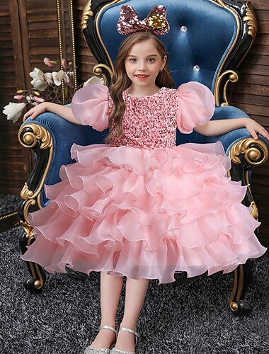  フラワーガールドレス 女の子 フォーマルドレス 結婚式の服装 パーティー 結婚式 フォーマル 愛らしい フォーマル 美しい スパンコール パッチワーク 純色 半袖 クルーネック ブルー ブラック 4年以上