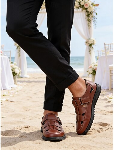  Brune sandaler i kunstskinn til menn, åpen tå, uformelle bryllupssko, komfortable og stilige sommersko