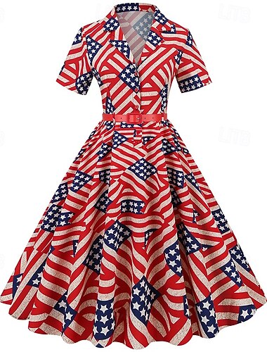  250. rocznica USA Lata 50. Retro / vintage Południe Sukienka Sukienka huśtawka Rozkloszowana sukienka Krótkie rękawy Krój A Strój na bal maskowy Damskie 4 lipca Dzień Niepodległości Dla dorosłych