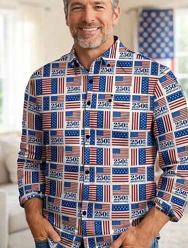  250º Aniversario de EE. UU. Retro Antiguo Años 70 Camisas Camisa hawaiana Larga Hippie Geométrico Étnico Disfraz Hombre Mascarada 4 de julio Fiesta Día de la Independencia Adulto Camisas