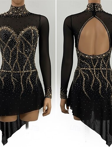  Abito da pattinaggio artistico Per donna Pattinaggio sul ghiaccio Vestito Nero Patchwork Schiena aperta Elasticizzato Allenamento Competizione Vestiti da pattinaggio sul ghiaccio Classico Cristallo