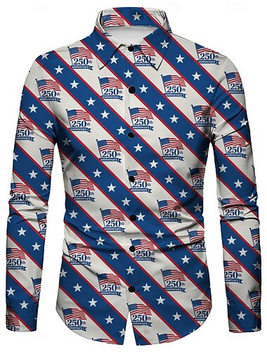  250º Aniversário EUA Retro Vintage Anos 70 Camisa Camisa Aloha Manga Comprida Hippie Geométrico Étnico Fantasia Homens Baile de Máscaras 4 de julho Festa Dia da Independência Adulto Camisa