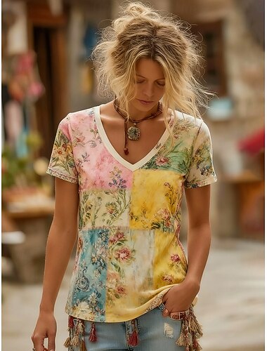  Damen Boho-Hemd T Shirt Druck Blumen Grafik Bohemien Vintage Lässig Kurzarm V Ausschnitt Lange Oberteile Täglich Grün und Blau Gelb Rosa Sommer Frühling