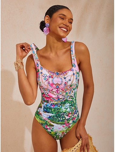  pinkfarbener Dschungelparty-Stretch-Einteiler-Badeanzug