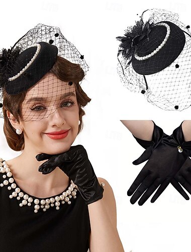  Handschuhe Halskette Fascinator-Hut Dame Kostüm Damen Maskerade Ascot Pferderennfestival Erwachsene Kopfschmuck