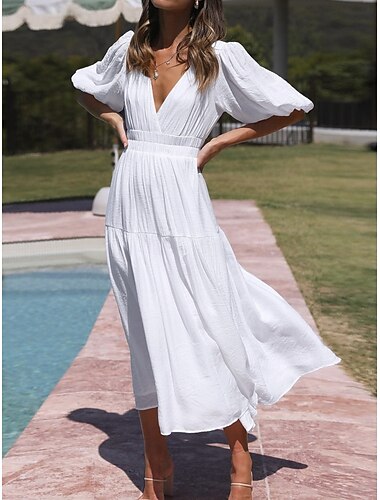  Mujer Vestido Midi Vestido blanco Elegante Moda Moderno Exterior Vacaciones Noche Ajuste regular Plano Manga Corta Escote en Pico Escote en V Profunda Negro Blanco Verde Claro Verde Trébol Verano