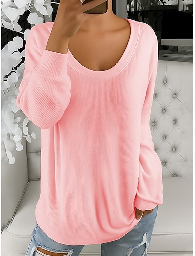  Damen T-Shirt Casual Weich Reinfarbig Gerippter V-Ausschnitt Gestrickt Langarm Regelmäßige Tops Strick Alltag Outdoor Wochenende Blau Weiß Frühling Herbst