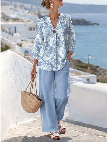  Kvinners to-delte sett linlignende bukser bolero topp 3/4 lengde ermer V-hals blomstermønster daglig stilig uformell ferie blå rosa grønn sommer normal passform løs passform