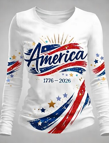  Día de la Independencia Aniversario Americano Patriótico Camiseta de Mujer Gráfica Letra Bandera Elegante Clásica Casual Manga Larga Cuello Redondo Impresión Diaria Blanco-Azul Blanco Verano Primavera