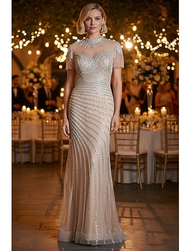  Sirène Trompette Traîne Balayage Robe de Bal Robe de Soirée Robe de Cérémonie Robe de Soirée Élégant Fête Scintillant Manche Courte Col haut Bal de promo Mariage avec Dentelle Paillettes
