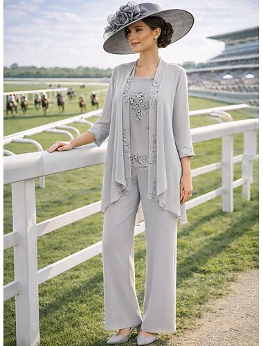  Jumpsuit pantalon 3-delige pantalon jurk tot op de grond bruidsmoeders jurk zonder mouwen lange mouwen boot hals elegant vintage eenvoudig formeel trouwgast chiffon met kant pailletten borduursel