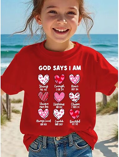  Alla hjärtans dag Flickor 3D Hjärta Grafisk T-shirt Kortärmad 3D-tryck Sommar Vår Sport Mode Streetwear Barn 4-12 år Rund hals Ledigt Dagligen Utomhus Normal