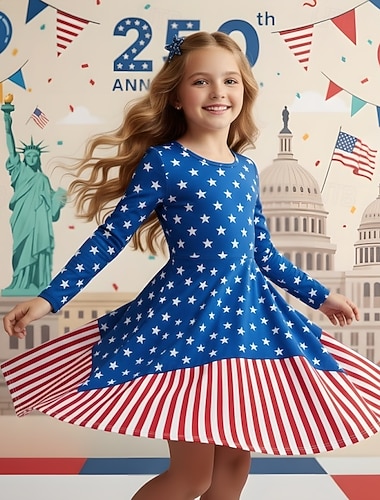  ragazze' 3D Grafico A righe Stelle Abito Manica Lunga Stampa 3D Primavera Autunno Quotidiano Vacanza Feste Casual Principessa Bello Bambini 4-12 Anni Vestito Casual Abito a trapezio Lunghezza al