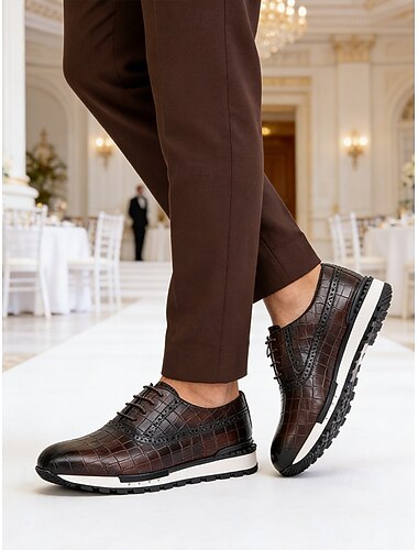  scarpe da ginnastica da uomo in pelle di coccodrillo marrone, eleganti calzature da matrimonio, scarpe eleganti per lo sposo e gli invitati al matrimonio
