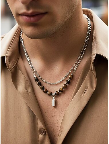  Men's Alloy & Tiger Eye Beaded Necklace, Double-Layer Chain Pendant Design, Casual Boho Style, Durable and Stylish, Ideal for Vacation, Resort Wear & Everyday Outfits