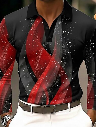  Férfi Geometriai Pólóingek Hosszú ujj Pólóingek Hajtóka Üzleti alkalmi Szabadtéri Utca Sportruházat Hétköznapi viselet 3D nyomtatás Gombok Tavasz Ősz Medence Rubin Bíbor