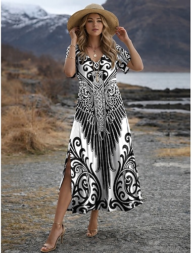  Damen Maxi Kleid Boho Wikinger T-Shirt Kleid Tee Kleid Sonnenkleid Shift Kleid Sommerkleid Urlaub Lässig Strand Party Feiertag Reguläre Passform Ethnisch Kurzärmel V-Ausschnitt Schwarz Sommer Frühling