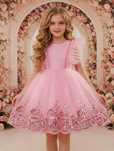  Abito da damigella d'onore bambina Ragazze Abito formale Abiti da sposa Feste Matrimonio Compleanno Moda Adorabile Principessa Abito per la Prima Comunione Patchwork Rete Floreale Senza Maniche