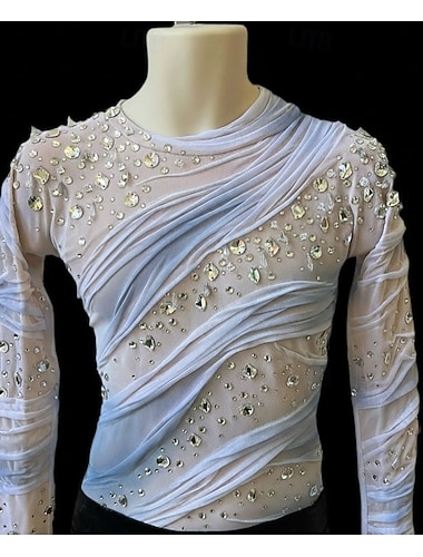  Kunstschaatstopje Voor heren Schaatsen Tops Wit Lapwerk Asymetrische zoom Rekbaar Opleiding Wedstrijd Kunstschaatskleding Klassiek Kristal / Bergkristal Lange mouw Schaatsen Kunstschaatsen