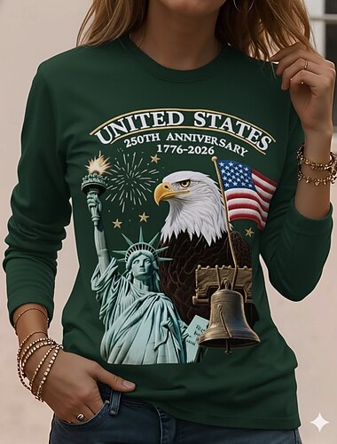  Onafhankelijkheidsdag Amerikaanse verjaardag Patriottische dames T-shirt Grafisch Vintage Mode Stijlvol Lange Mouw Ronde Hals Dagelijks Weekend Print Blauw Zwart Rood Groen Zomer Lente
