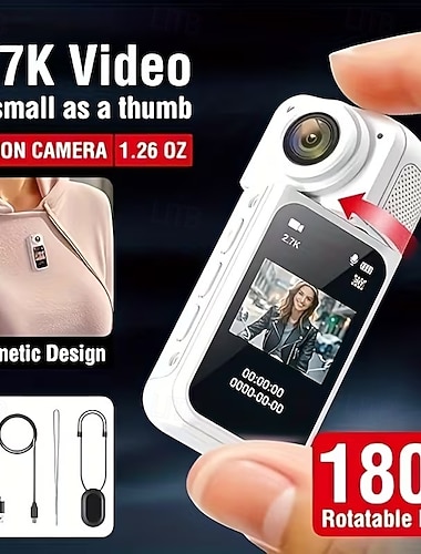  2,7K Ultra-HD-Daumenkamera, 1,47-Zoll-IPS-Display, Loop-Aufnahme, tragbare Mini-Vlog-Kamera mit Magnethalterung, ideal für Sport, Reisen, Familienmomente und Abenteuer