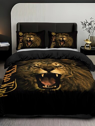  Fierce Lion King tryckt 3-delat duntäckeset hotellrum sängkläder bekväma queen size-sängkläder 3-delat intimt slipande mjukt kort fleece set