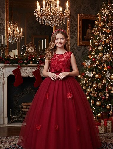  Bloemenmeisjesjurk Voor meisjes Formele kleding Trouwkleding Feest Bruiloft Formeel Formeel Prinses Netstof Effen Kleur Mouwloos Strakke ronde hals blauw Rode Wijn 4 jaar +