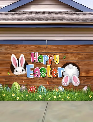  Cobertura de garagem de Páscoa com coelhinho espiando e ovos coloridos, decoração festiva de primavera em madeira, perfeita para decoração de Páscoa e enfeites de parede sazonais.