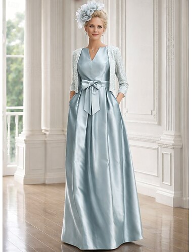  Zweiteilig A-Linie Bodenlang Kleid für Hochzeitsgäste Brautmutterkleid Dreiviertelarm V Ausschnitt Elegant Glanz & Glamour Formell Hochzeitsfeier Satin Paillettenbesetzt Mit Schal mit Schleife(n)