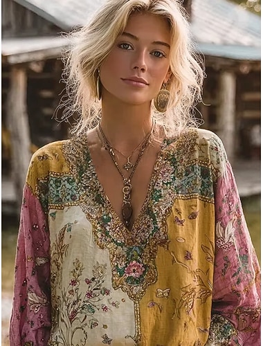  Blusa Boho de Mulheres Semelhante ao Linho Respirável Leve Gráfico Floral Elegante Boêmia Vintage Manga Longa Decote em V Tops Regulares Diário Feriado Patchwork Botões Impressão Amarelo Verde Verão