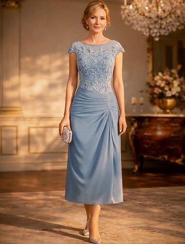  Linjeform Ankellengde Festkjole Cocktail Kjole Gjestekjole til bryllup Kjole til brudens mor Kortermet Crew-hals Elegant Enkel Bryllupsgjest Formell kveld Bryllupsfest Chiffon med Ensfarget