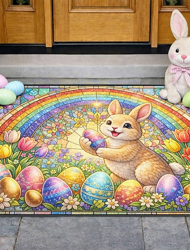  zerbino pasquale con coniglietto che tiene in mano un uovo scintillante sotto un arcobaleno circondato da uova colorate e fiori, perfetto zerbino di benvenuto festivo