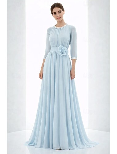  A-Linie Bodenlang Abendkleid Elegant Glitzern Dreiviertelarm Rundhalsausschnitt Hochzeit Formell Chiffon mit Gerafft Perlen