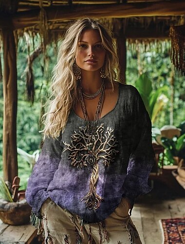  Kvinners Boho VIKING T-skjorte T Shirt Tee Topp Blomster Bohemia Vintage Etnisk Lang Ermel Rund Hals Vanlige Topp Daglig Helg Ferie Trykk Blå Rød Lilla Fuchsia Grønn Sommer Vår