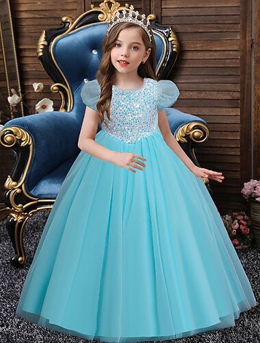  Vestido de Niña Florista Chica Vestido formal Atuendo de boda Fiesta Boda Formal Formal Lentejuelas Retazos Color sólido Mangas cortas Cuello Barco Rosa Azul cielo 4 años +