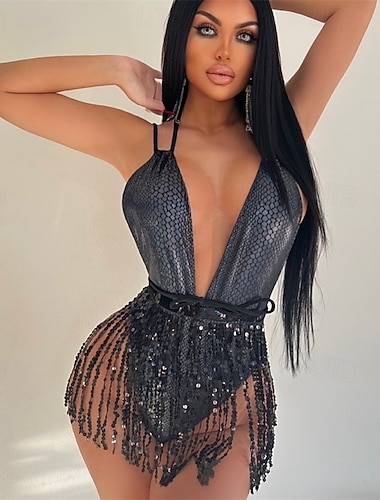  Samba Dancewear Benadrukken Diepe V Body met Pailletten Kwasten Prestatie Kostuum