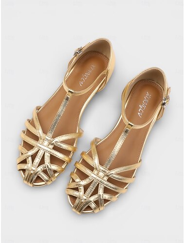  damesandaler med gullfarget metallisk ur – elegante, flate pensko med stropper til kvelder på feriestedet, komfortable sommersandaler med t-stropper til middager på ferien &cruiseklær