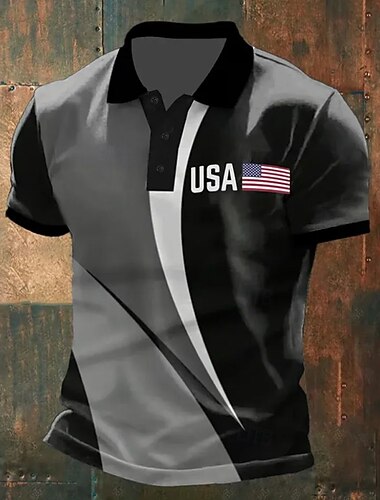  4. Juli 2026 250. Herren Amerikanische US-Flagge Poloshirts Kurzarm Polo-Shirts Hemden mit Kragen Lässig Athleisure Festival-Outfit Knöpfe Sommer Frühling Blau Grau