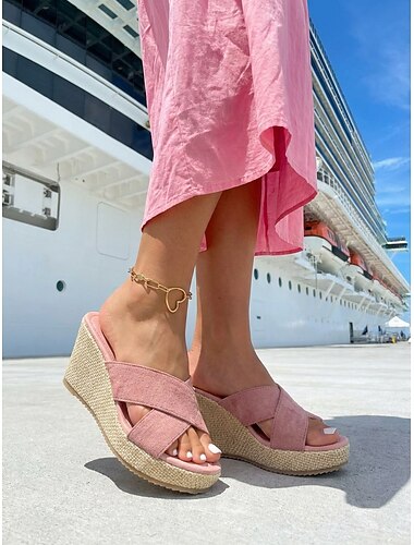  kilsandaler för kvinnor – slip-on i svart mocka med öppen tå med flätad plattform för sommar-, fritids- och strandkläder