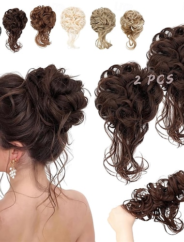  2 Stück unordentliche Duttfrisur, verwuschelte Hochsteckfrisur mit Strähnen, wellige lockige Dutt-Haargummis, Pferdeschwanzverlängerung, elastische Haarteile für Damen (mittelbraun)